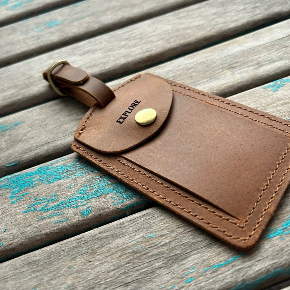 Leather Luggage Tag - Engraved with “EXPLORE” - NEW